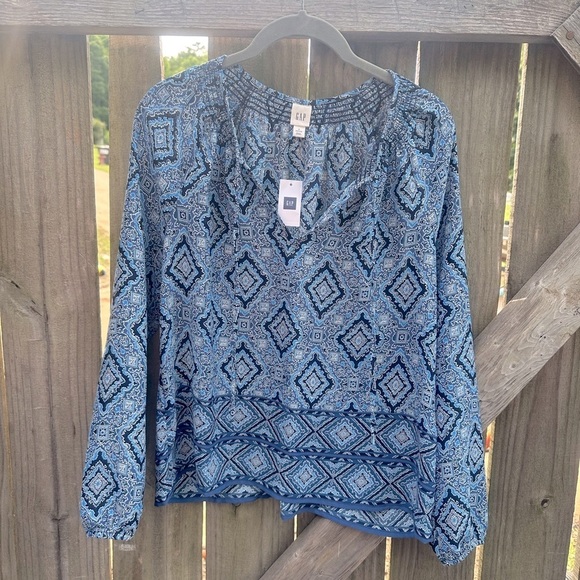 Gap Blue Geometric Patterned Smock Neck Tassel Tie Neckline Loose Fit Blouse - Picture 1 of 7
